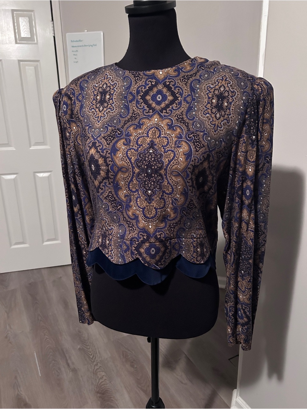 Vintage Karin Stevens Paisley Velvet Hem Blouse Oversized Boho Top